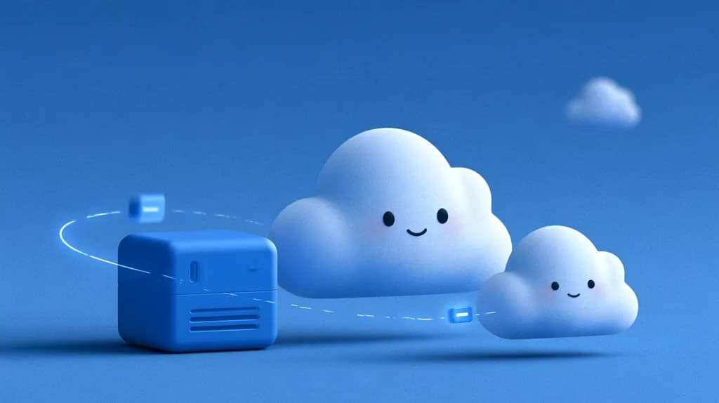 A smiling cloud and a server passing glowing data packets