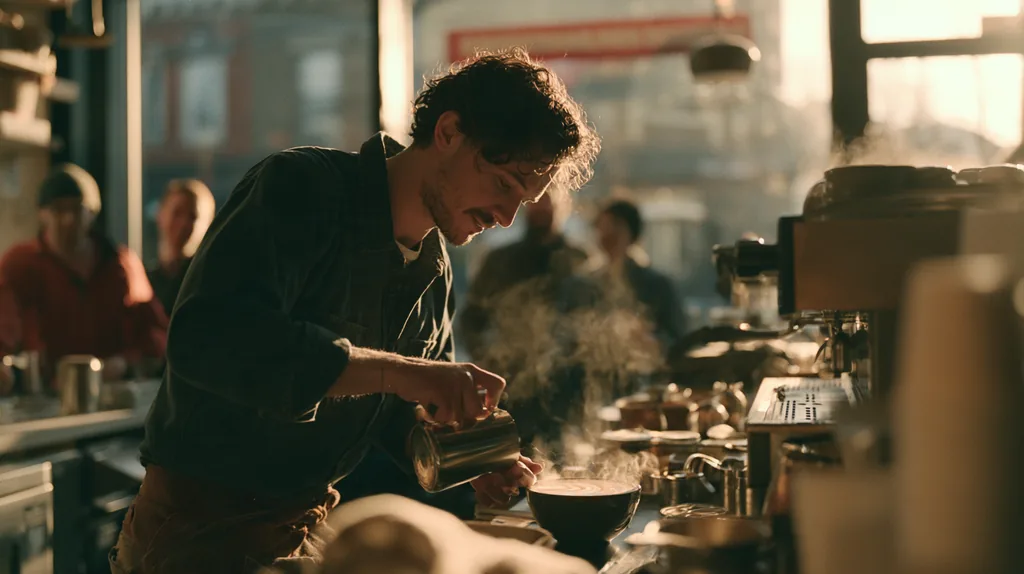 A barista pouring latte art in a sunlit, busy coffee shop