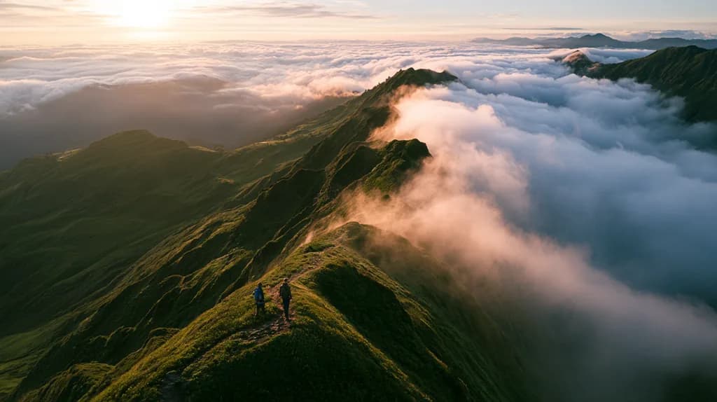 Two hikers on a green ridgeline above a sea of clouds at sunrise