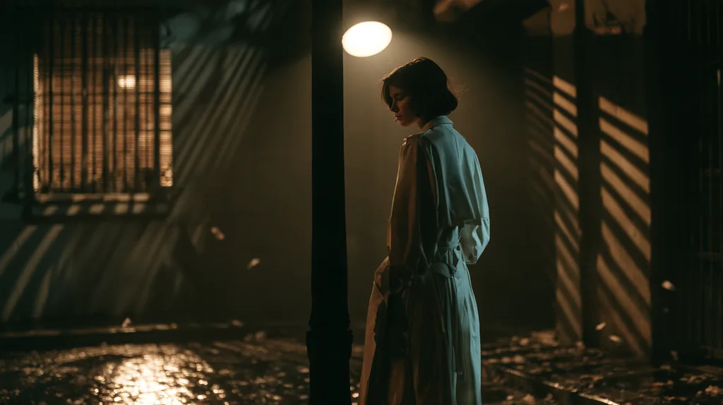 A woman in a trench coat under a streetlamp, lit through venetian blinds