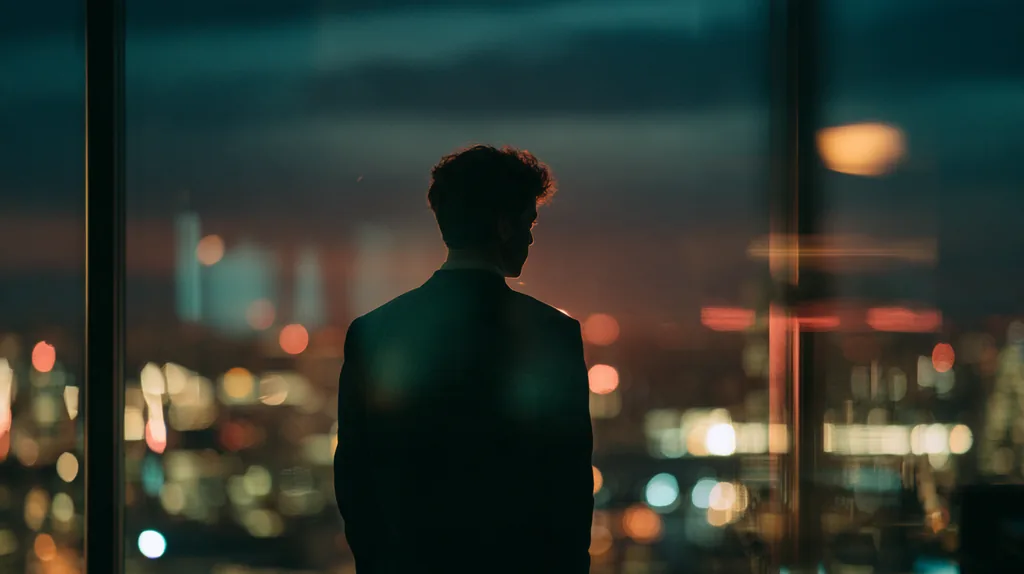 A founder silhouetted against city lights at dusk