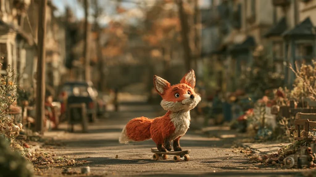 A clay fox riding a skateboard down a miniature street