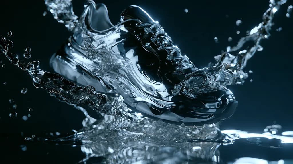 A chrome sneaker frozen mid-splash against a dark background