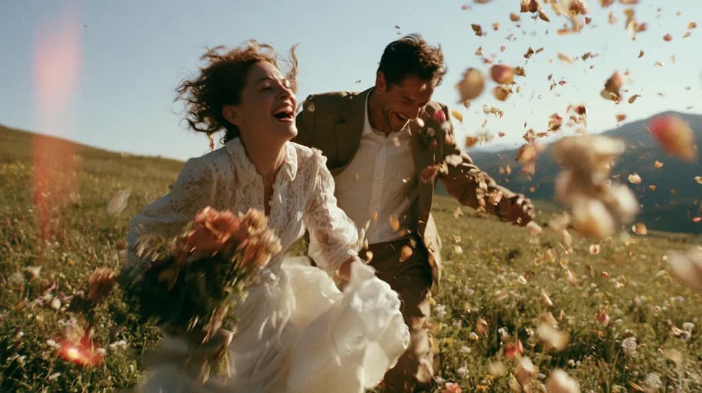 A bride and groom laughing as they run through a meadow of petals